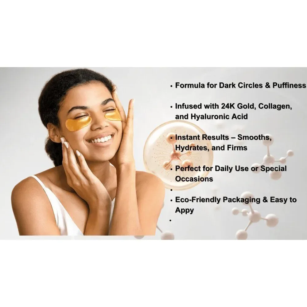 24K Gold Under Eye Patches (20 Pairs) Anti-Aging, Hydrating, Depuffing, Dark